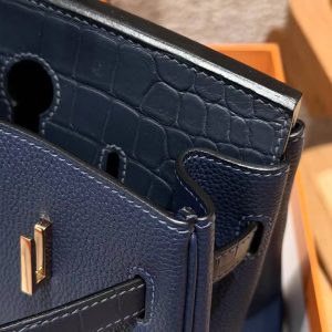 Hermes Birkin 30 Bag Handmade In Togo Calfskin Leather And Alligator from Mississippi Rose Gold Hardware 73 Blue Saphir 78 Bleu Marine - Image 8