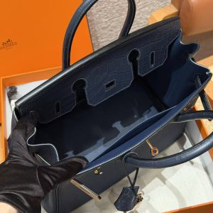 Hermes Birkin 30 Bag Handmade In Togo Calfskin Leather And Alligator from Mississippi Rose Gold Hardware 73 Blue Saphir 78 Bleu Marine - Image 15