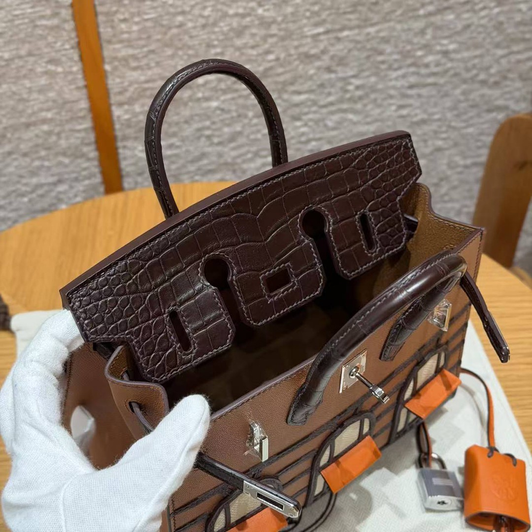Hermes Birkin Faubourg 20 Bag Handmade In Madame and Alligator Leather Silver Hardware 37 gold 46 ebene 4G Brulee - Image 10