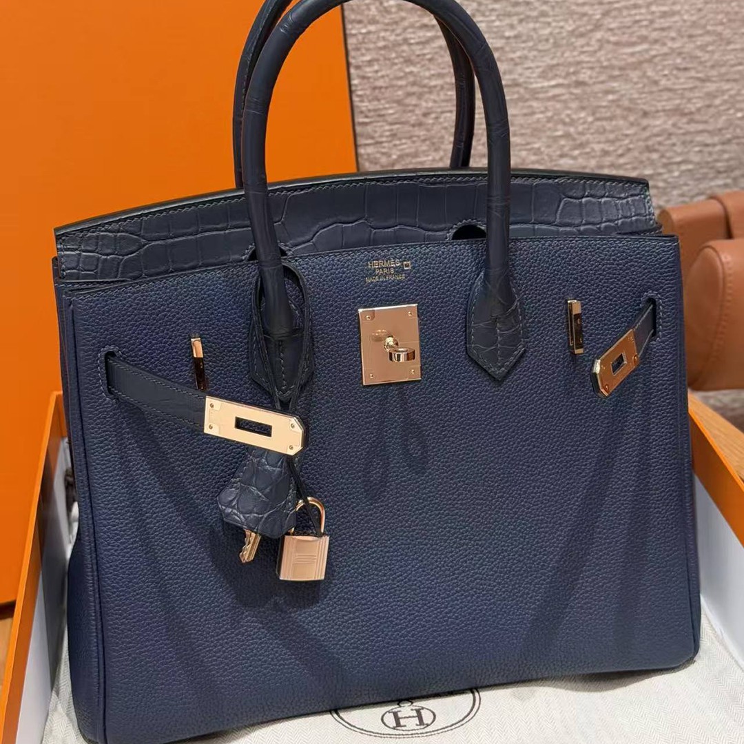 Hermes Birkin 30 Bag Handmade In Togo Calfskin Leather And Alligator from Mississippi Rose Gold Hardware 73 Blue Saphir 78 Bleu Marine - Image 10