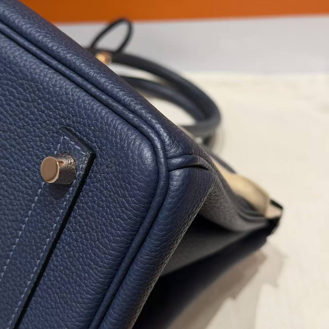 Hermes Birkin 30 Bag Handmade In Togo Calfskin Leather And Alligator from Mississippi Rose Gold Hardware 73 Blue Saphir 78 Bleu Marine - Image 3