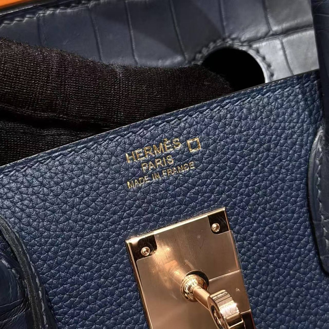 Hermes Birkin 30 Bag Handmade In Togo Calfskin Leather And Alligator from Mississippi Rose Gold Hardware 73 Blue Saphir 78 Bleu Marine - Image 14
