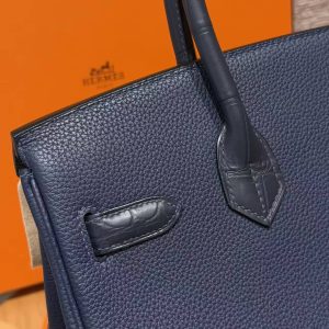 Hermes Birkin 30 Bag Handmade In Togo Calfskin Leather And Alligator from Mississippi Rose Gold Hardware 73 Blue Saphir 78 Bleu Marine - Image 4