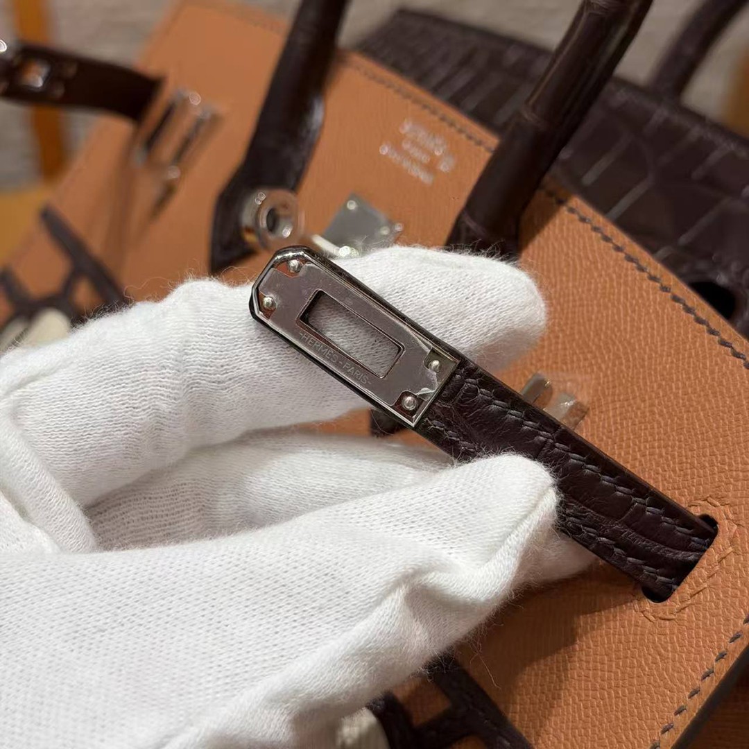 Hermes Birkin Faubourg 20 Bag Handmade In Madame and Alligator Leather Silver Hardware 37 gold 46 ebene 4G Brulee - Image 12