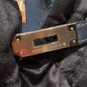 Hermes Birkin 30 Bag Handmade In Togo Calfskin Leather And Alligator from Mississippi Rose Gold Hardware 73 Blue Saphir 78 Bleu Marine - Image 13