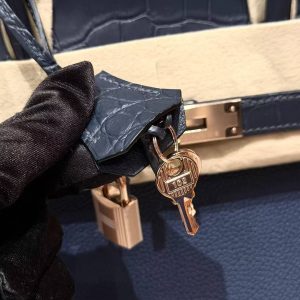 Hermes Birkin 30 Bag Handmade In Togo Calfskin Leather And Alligator from Mississippi Rose Gold Hardware 73 Blue Saphir 78 Bleu Marine - Image 6