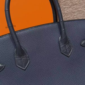 Hermes Birkin 30 Bag Handmade In Togo Calfskin Leather And Alligator from Mississippi Rose Gold Hardware 73 Blue Saphir 78 Bleu Marine - Image 5
