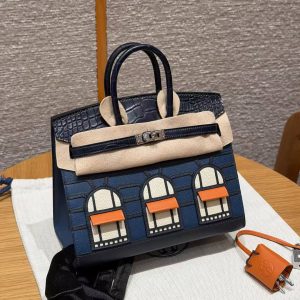Hermes Birkin Faubourg 20 Bag Handmade In Madame and Alligator Leather Silver Hardware 78 Bleu Marine S4 Deep Blue 76 Blue Indigo