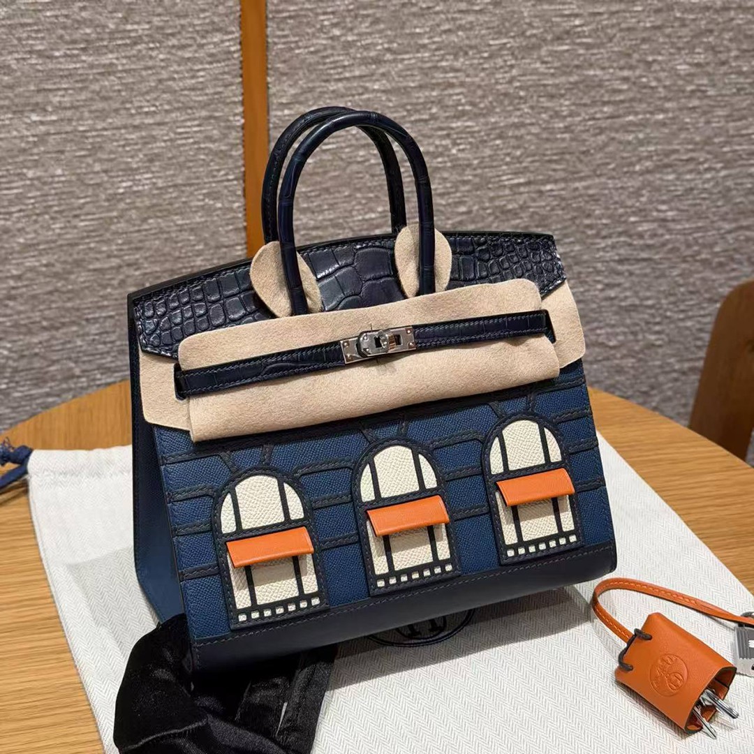 Hermes Birkin Faubourg 20 Bag Handmade In Madame and Alligator Leather Silver Hardware 78 Bleu Marine S4 Deep Blue 76 Blue Indigo
