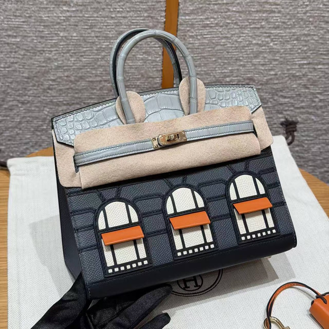 Hermes Birkin Faubourg 20 Bag Handmade In Madame and Alligator Leather Gold Hardware 0L Girs Meyer 0V Gris Ciment H0 Gris Misty