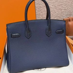 Alternative view of Hermes Birkin 30 Bag Handmade In Togo Calfskin Leather And Alligator from Mississippi Rose Gold Hardware 73 Blue Saphir 78 Bleu Marine