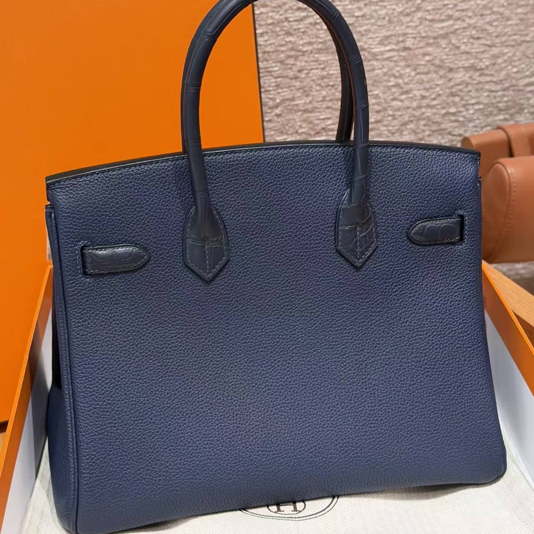 Hermes Birkin 30 Bag Handmade In Togo Calfskin Leather And Alligator from Mississippi Rose Gold Hardware 73 Blue Saphir 78 Bleu Marine - Image 2