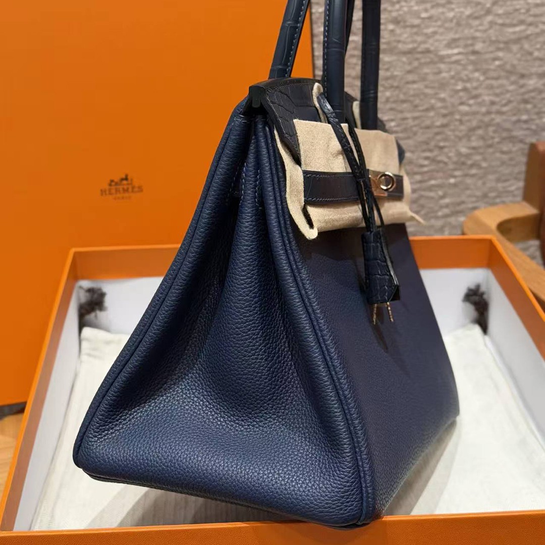 Hermes Birkin 30 Bag Handmade In Togo Calfskin Leather And Alligator from Mississippi Rose Gold Hardware 73 Blue Saphir 78 Bleu Marine - Image 18