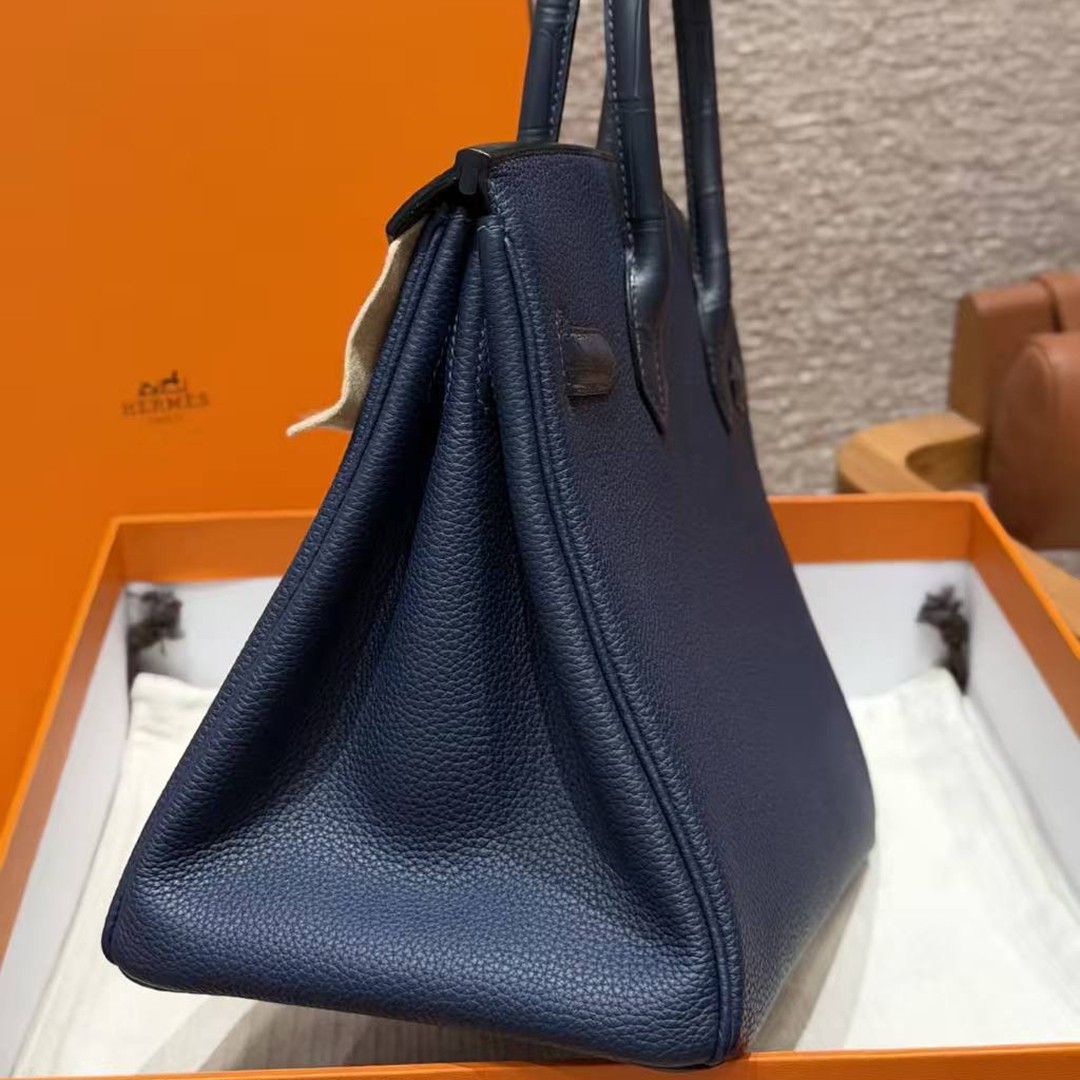 Hermes Birkin 30 Bag Handmade In Togo Calfskin Leather And Alligator from Mississippi Rose Gold Hardware 73 Blue Saphir 78 Bleu Marine - Image 17