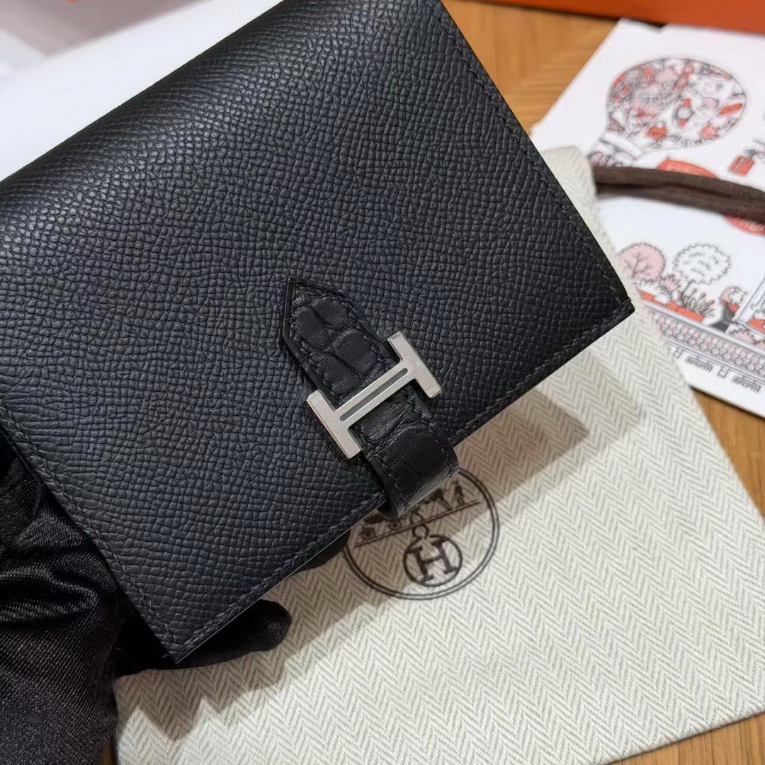 Hermes Bearn Compact Wallet Handmade In Epsom Calfskin Leather And Alligator Silver Hardware 89 Noir - Image 2