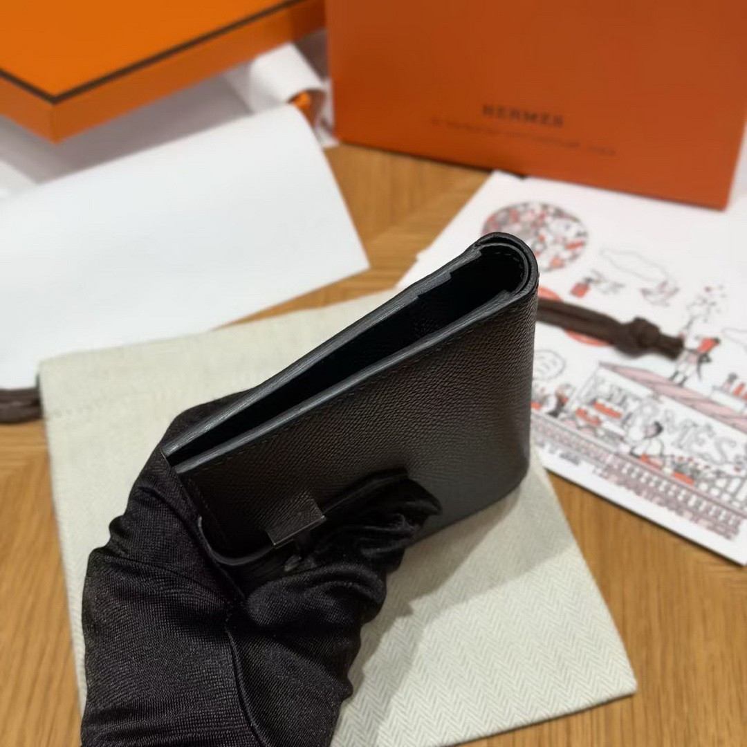 Hermes Bearn Compact Wallet Handmade In Epsom Calfskin Leather And Alligator Silver Hardware 89 Noir - Image 17