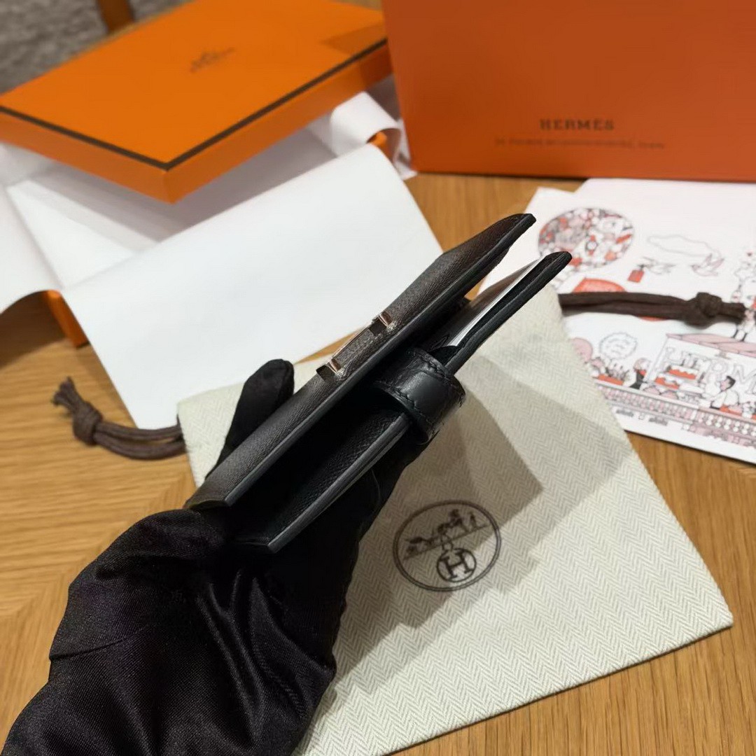 Hermes Bearn Compact Wallet Handmade In Epsom Calfskin Leather And Alligator Silver Hardware 89 Noir - Image 16