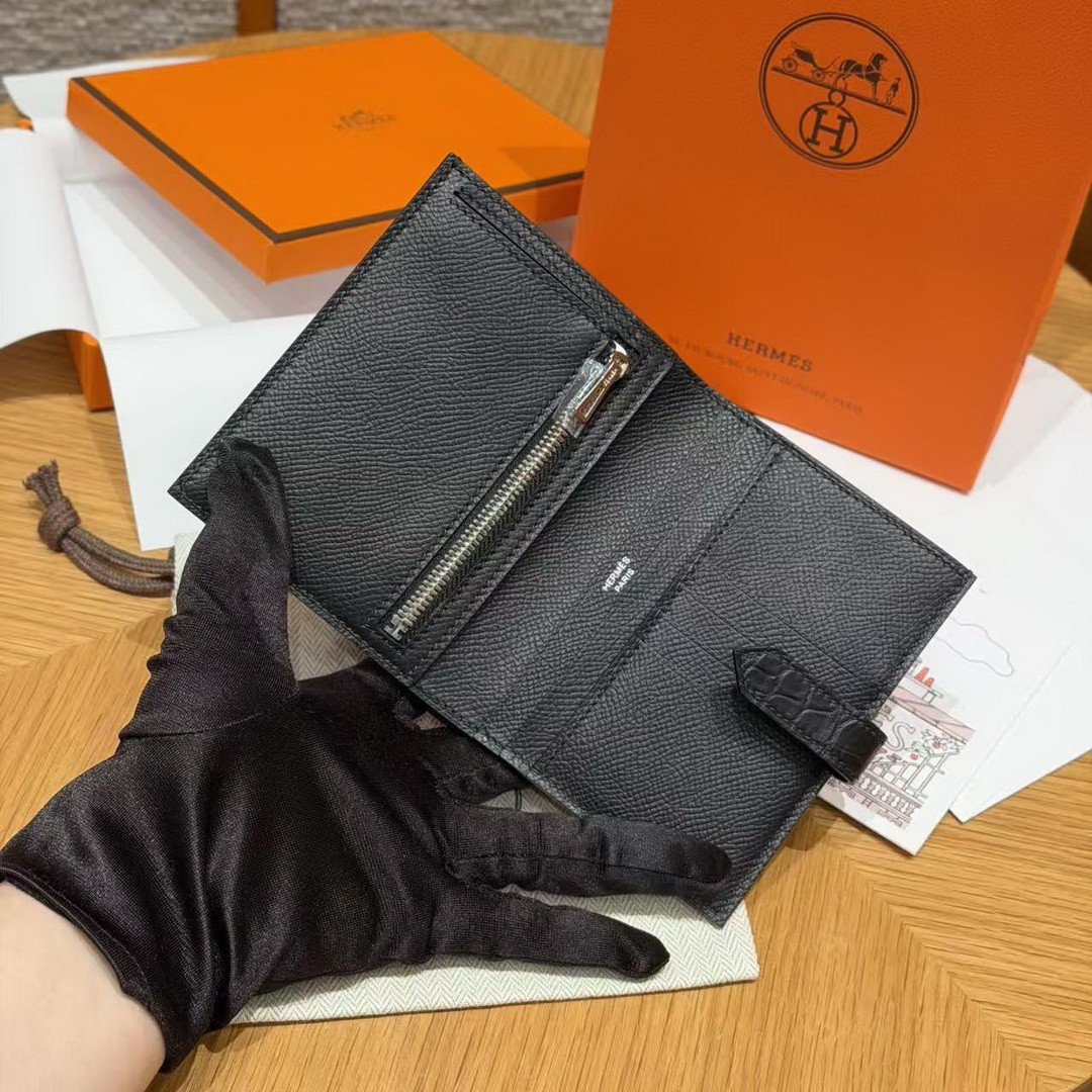 Hermes Bearn Compact Wallet Handmade In Epsom Calfskin Leather And Alligator Silver Hardware 89 Noir - Image 15