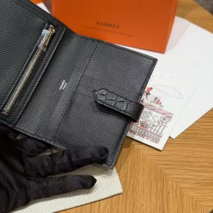 Hermes Bearn Compact Wallet Handmade In Epsom Calfskin Leather And Alligator Silver Hardware 89 Noir - Image 14