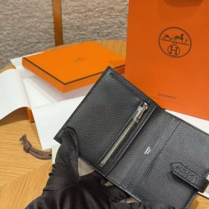 Hermes Bearn Compact Wallet Handmade In Epsom Calfskin Leather And Alligator Silver Hardware 89 Noir - Image 13