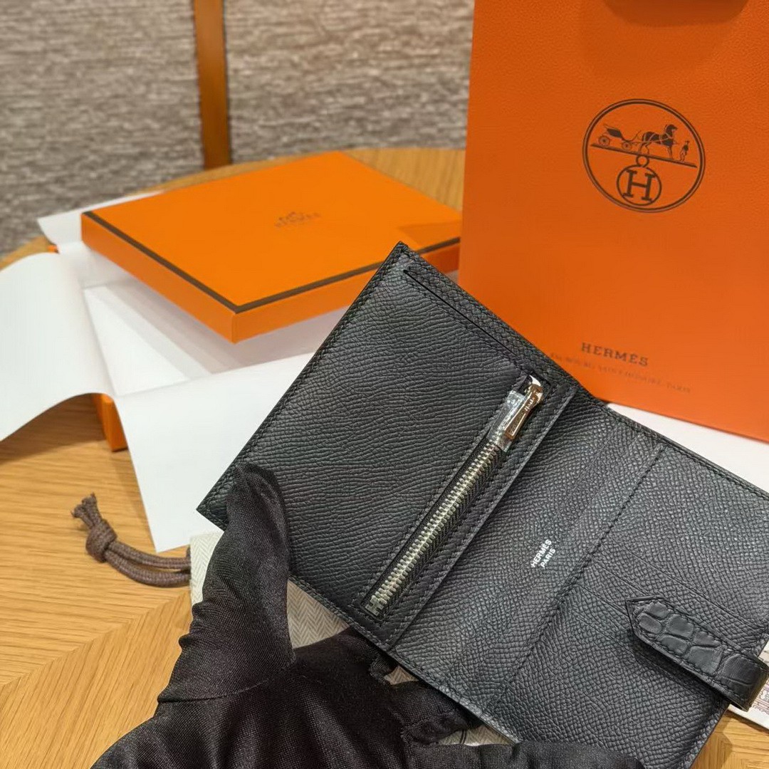 Hermes Bearn Compact Wallet Handmade In Epsom Calfskin Leather And Alligator Silver Hardware 89 Noir - Image 13