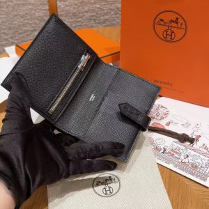 Hermes Bearn Compact Wallet Handmade In Epsom Calfskin Leather And Alligator Silver Hardware 89 Noir - Image 12