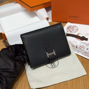 Hermes Bearn Compact Wallet Handmade In Epsom Calfskin Leather And Alligator Silver Hardware 89 Noir - Image 10