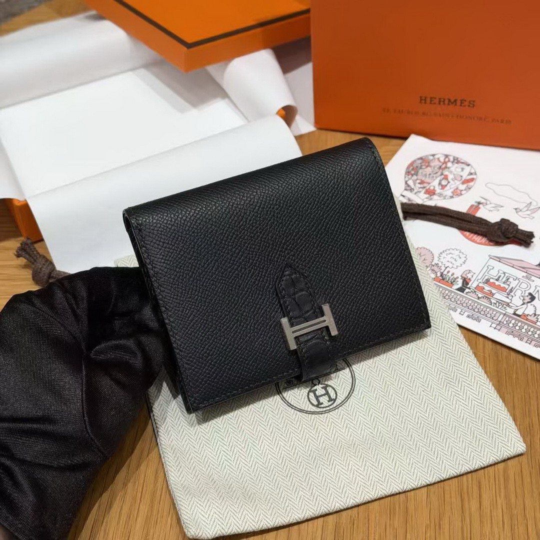 Hermes Bearn Compact Wallet Handmade In Epsom Calfskin Leather And Alligator Silver Hardware 89 Noir - Image 10