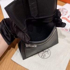 Hermes Bearn Compact Wallet Handmade In Epsom Calfskin Leather And Alligator Silver Hardware 89 Noir - Image 9