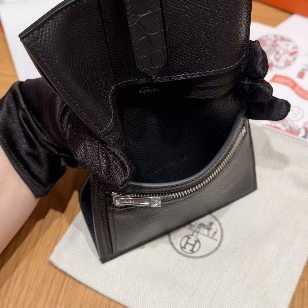 Hermes Bearn Compact Wallet Handmade In Epsom Calfskin Leather And Alligator Silver Hardware 89 Noir - Image 9