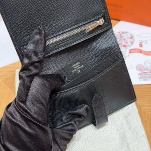 Hermes Bearn Compact Wallet Handmade In Epsom Calfskin Leather And Alligator Silver Hardware 89 Noir - Image 8