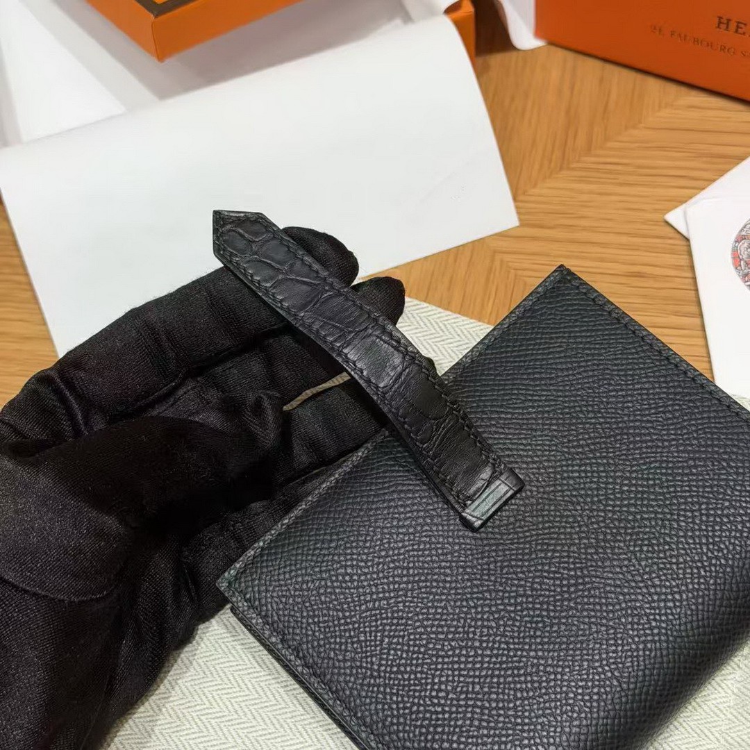 Hermes Bearn Compact Wallet Handmade In Epsom Calfskin Leather And Alligator Silver Hardware 89 Noir - Image 7