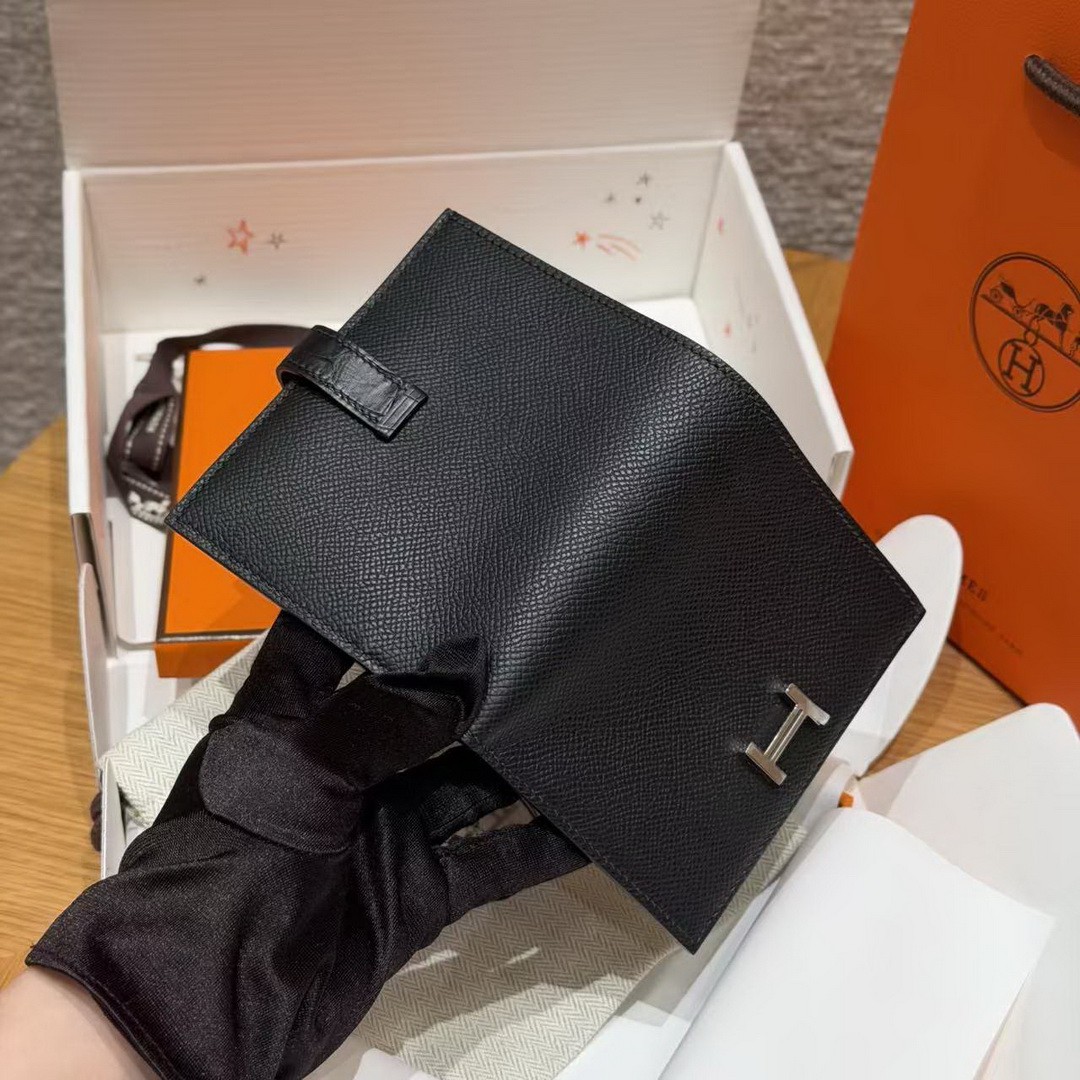 Hermes Bearn Compact Wallet Handmade In Epsom Calfskin Leather And Alligator Silver Hardware 89 Noir - Image 5