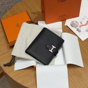 Hermes Bearn Compact Wallet Handmade In Epsom Calfskin Leather And Alligator Silver Hardware 89 Noir - Image 4