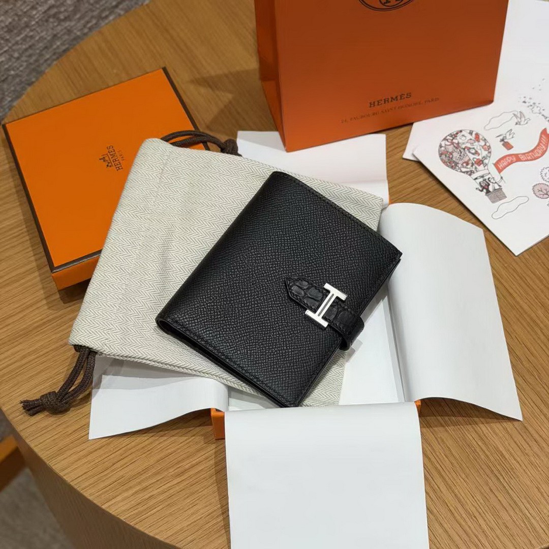 Hermes Bearn Compact Wallet Handmade In Epsom Calfskin Leather And Alligator Silver Hardware 89 Noir - Image 4