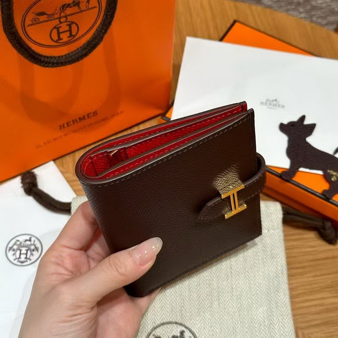 Hermès Bearn Compact Wallet Handmade In Epsom Calfskin Leather Gold Hardware 0G Rouge Seller - Image 15