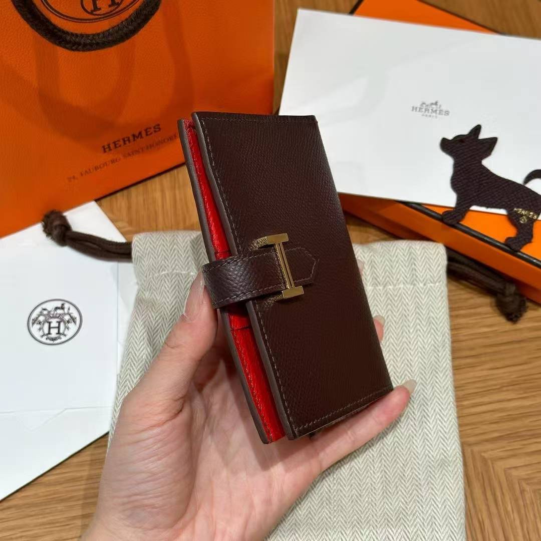 Hermès Bearn Compact Wallet Handmade In Epsom Calfskin Leather Gold Hardware 0G Rouge Seller - Image 12