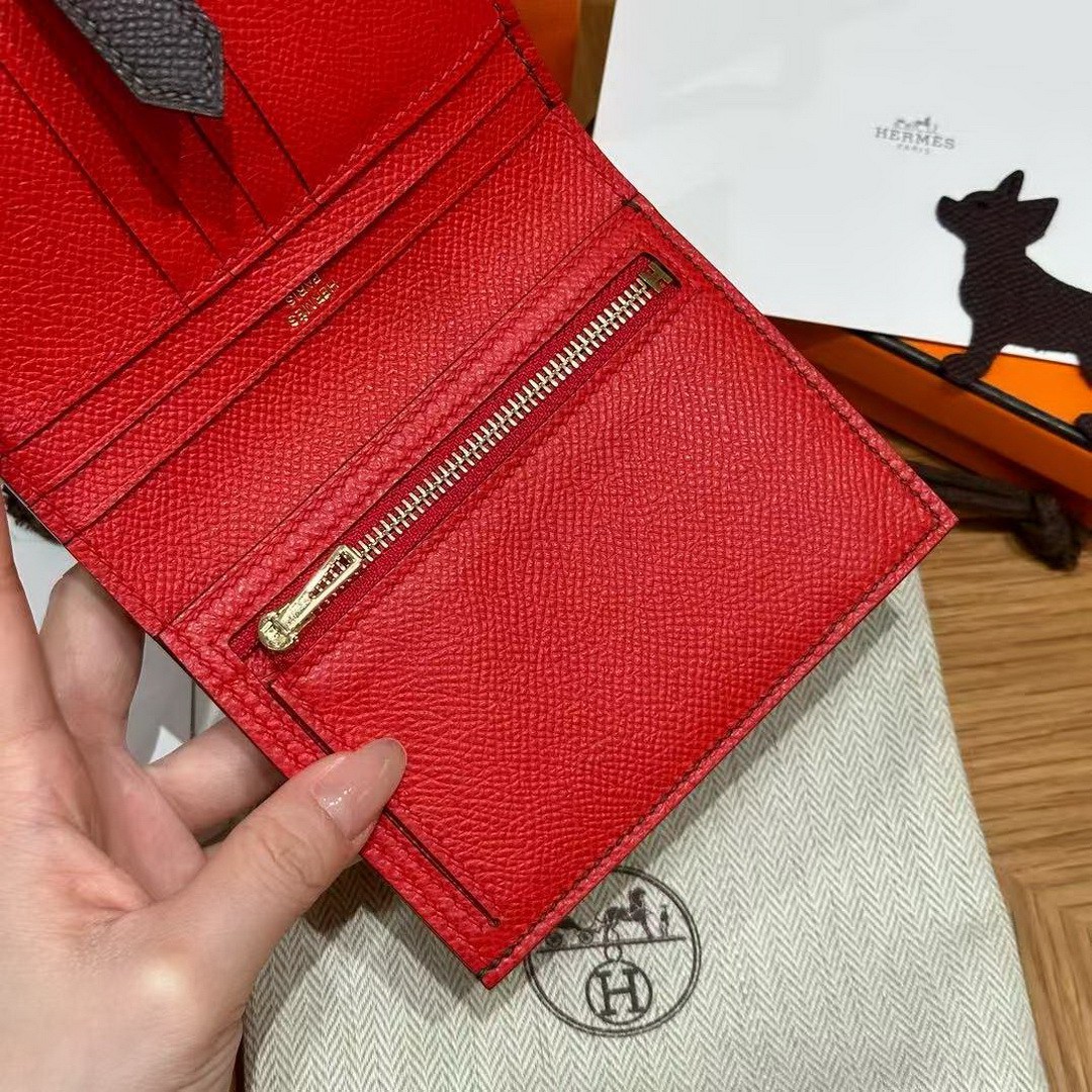 Hermès Bearn Compact Wallet Handmade In Epsom Calfskin Leather Gold Hardware 0G Rouge Seller - Image 6