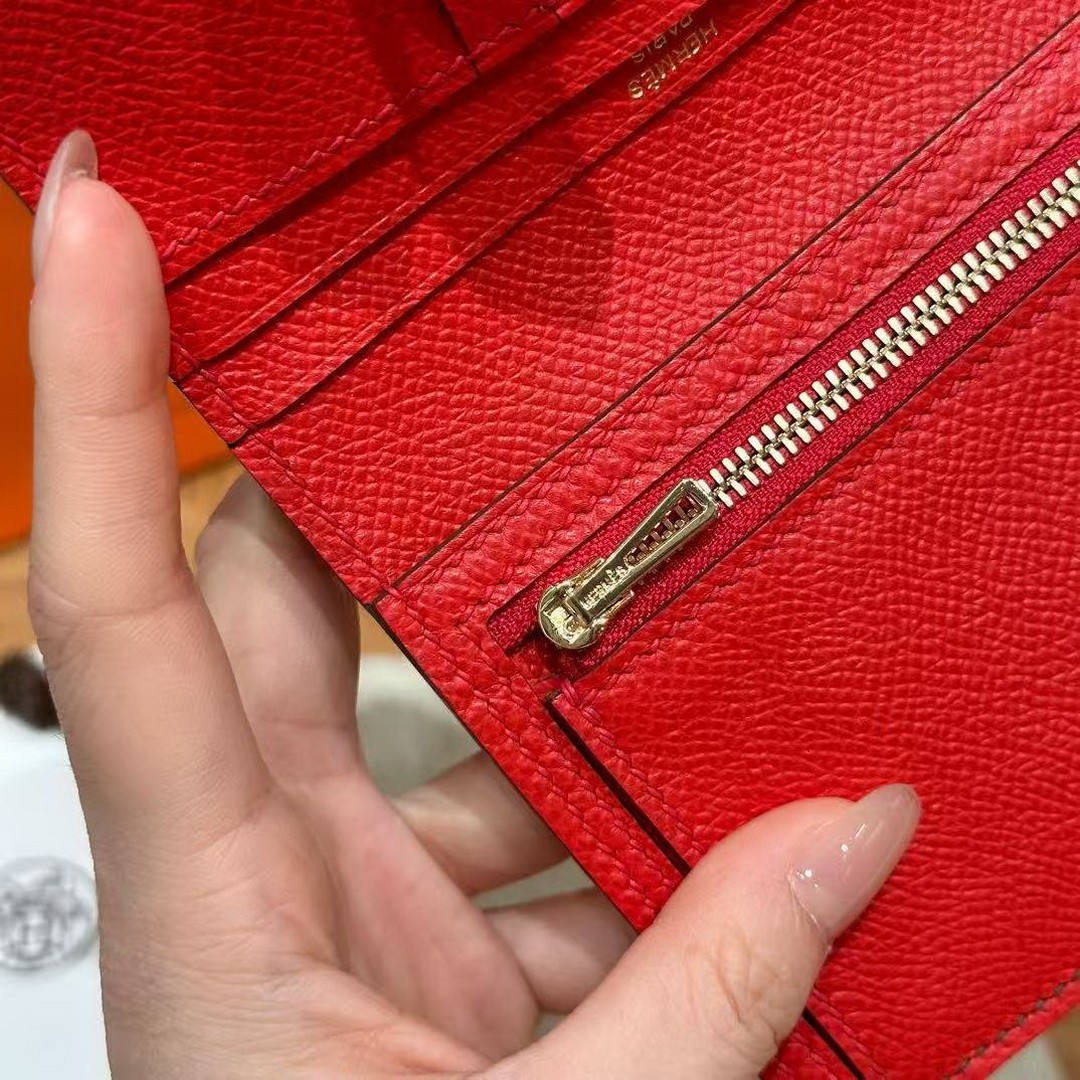 Hermès Bearn Compact Wallet Handmade In Epsom Calfskin Leather Gold Hardware 0G Rouge Seller - Image 4