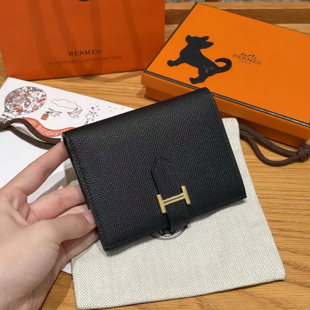 Hermes Bearn Compact Wallet Handmade In Epsom Calfskin Leather Gold Hardware 89 Noir