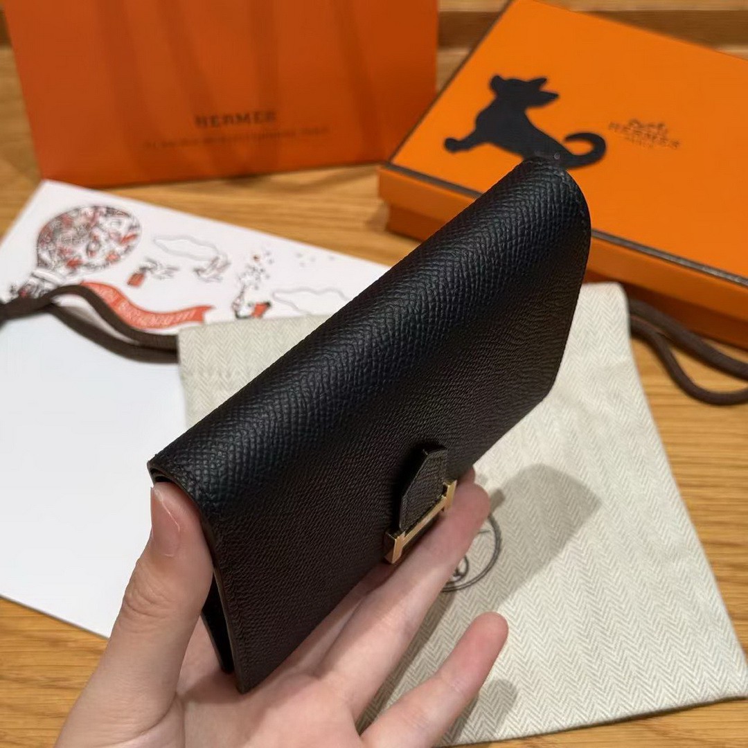 Hermes Bearn Compact Wallet Handmade In Epsom Calfskin Leather Gold Hardware 89 Noir - Image 13