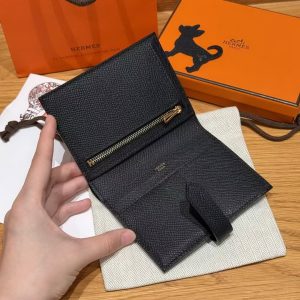 Hermes Bearn Compact Wallet Handmade In Epsom Calfskin Leather Gold Hardware 89 Noir - Image 12
