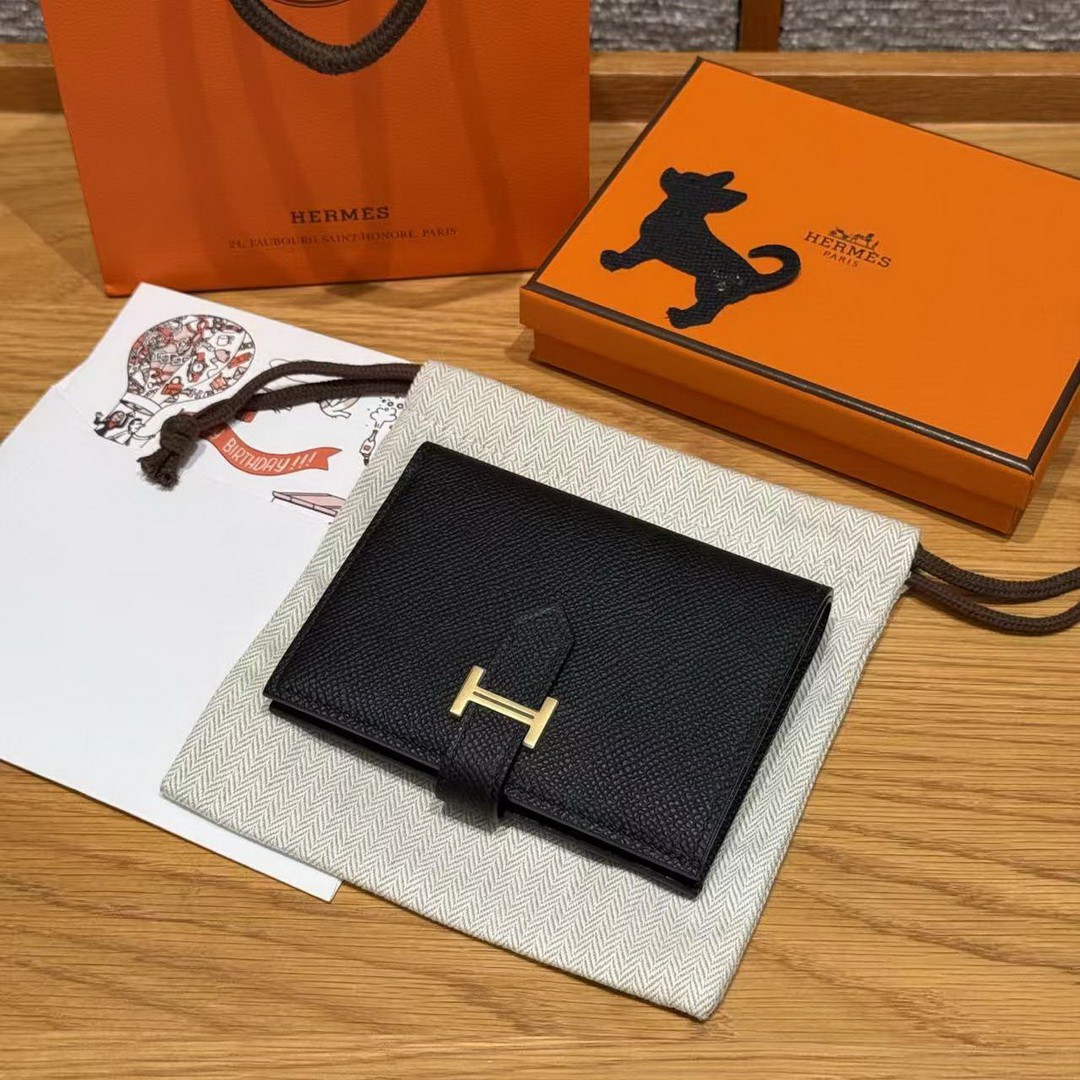 Hermes Bearn Compact Wallet Handmade In Epsom Calfskin Leather Gold Hardware 89 Noir - Image 9