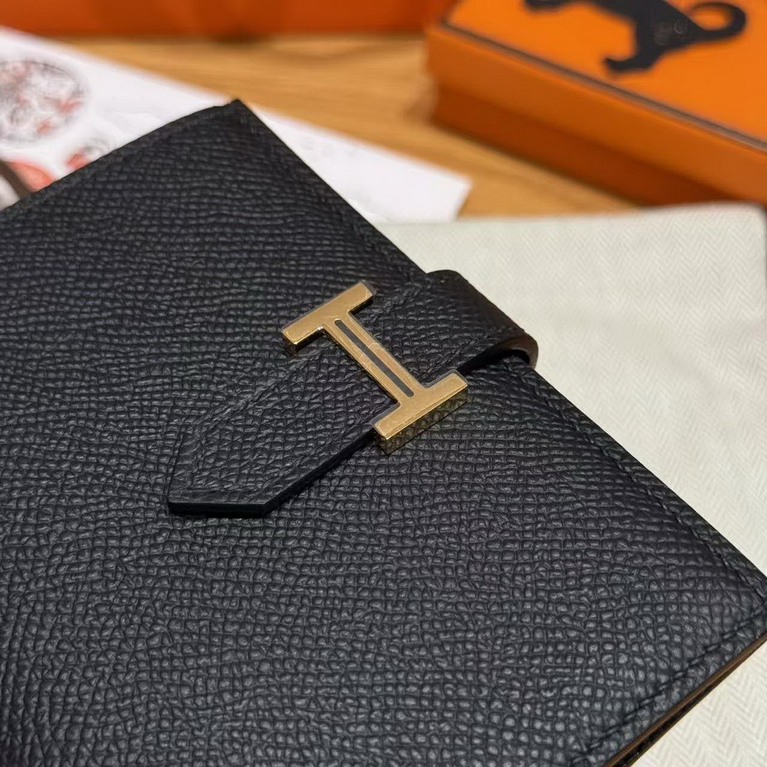 Hermes Bearn Compact Wallet Handmade In Epsom Calfskin Leather Gold Hardware 89 Noir - Image 8