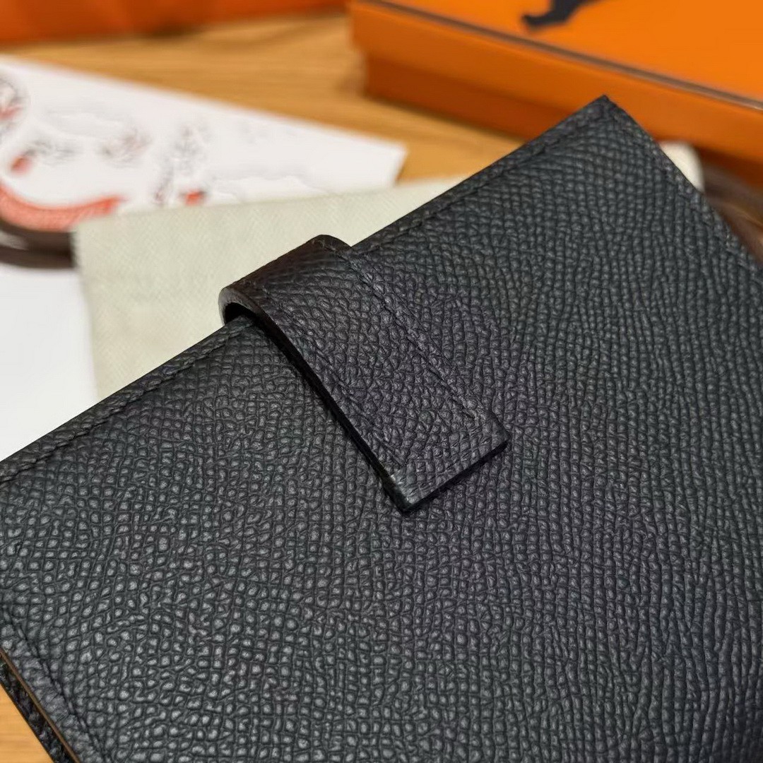 Hermes Bearn Compact Wallet Handmade In Epsom Calfskin Leather Gold Hardware 89 Noir - Image 7