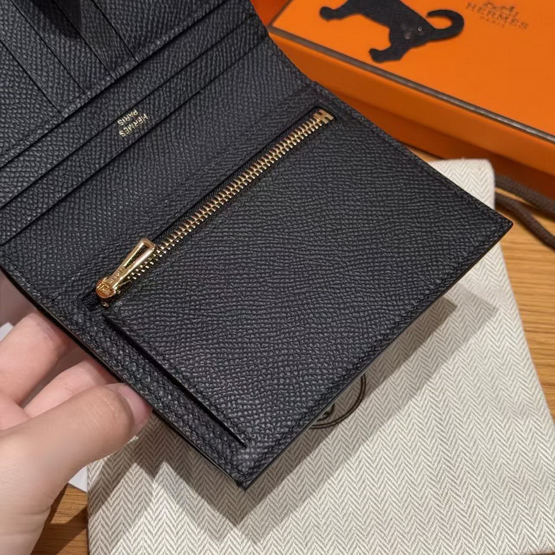 Hermes Bearn Compact Wallet Handmade In Epsom Calfskin Leather Gold Hardware 89 Noir - Image 6