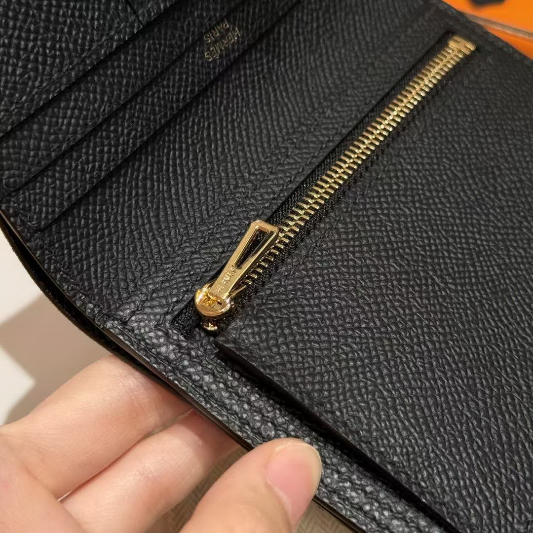 Hermes Bearn Compact Wallet Handmade In Epsom Calfskin Leather Gold Hardware 89 Noir - Image 4