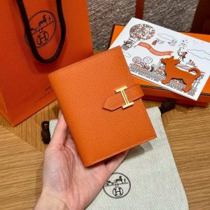 Hermes Bearn Compact Wallet Handmade In Epsom Calfskin Leather Gold Hardware 93 Orange