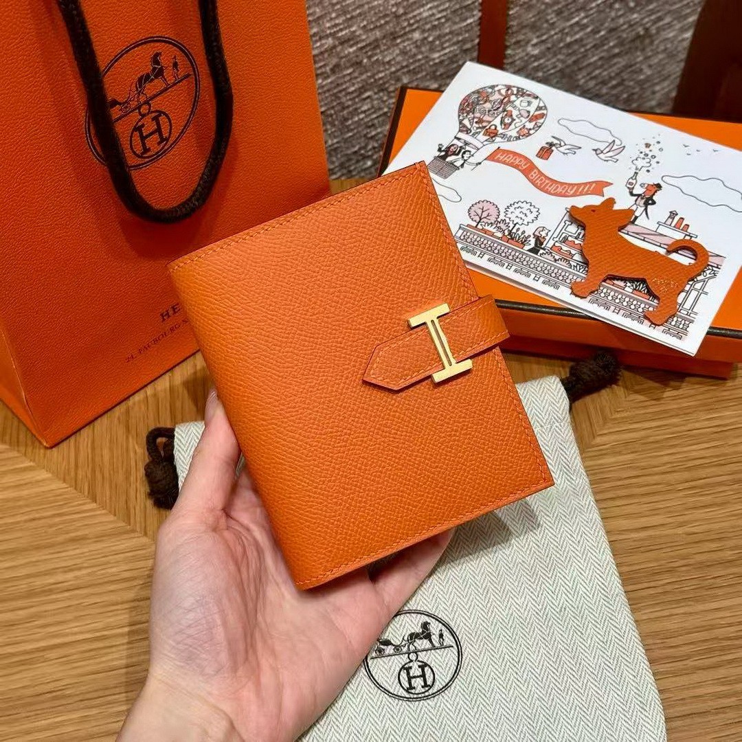 Hermes Bearn Compact Wallet Handmade In Epsom Calfskin Leather Gold Hardware 93 Orange
