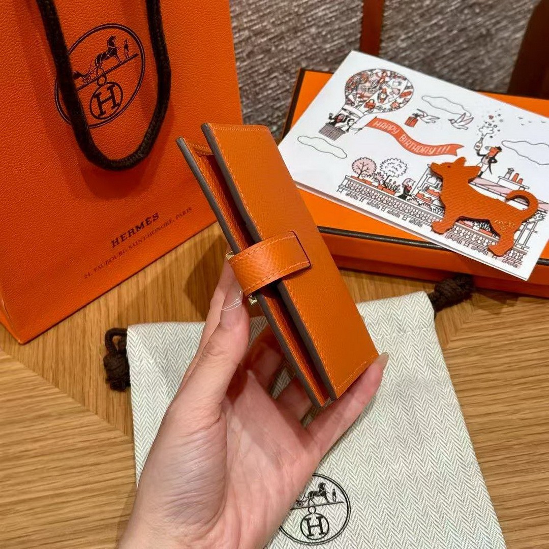 Hermes Bearn Compact Wallet Handmade In Epsom Calfskin Leather Gold Hardware 93 Orange - Image 13